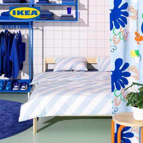 IKEA SLOJSILJA Sarung Duvet 200x200 dan Bantal 50x80 Strip Putih Biru