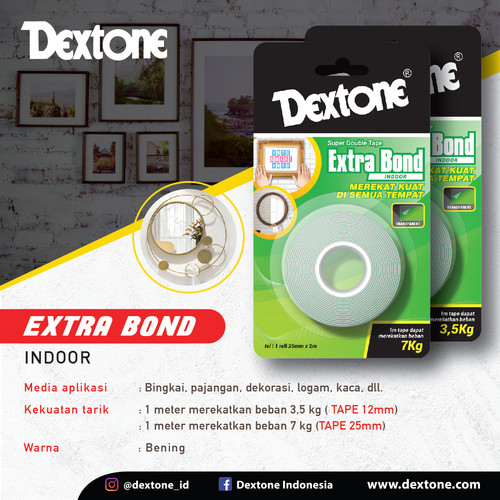 Lem Double Tape Indoor Dextone Extrabond Hijau 12mm dan 25mm