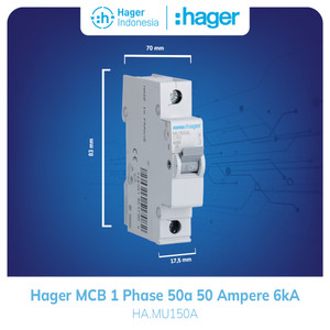 Hager MCB 1 Phase 1P 1 Pole 50A 50 Ampere 6kA MU150A Mcb Listrik