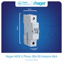 Hager MCB 1 Phase 1P 1 Pole 50A 50 Ampere 6kA MU150A Mcb Listrik