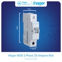 MCB Hager 1 Phase 25 Ampere  1P 1  Pole 25a 6kA MU125A