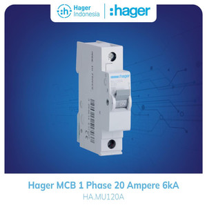 MCB 20 Ampere 20A 1 Phase 1 Pole 1P 6kA Mcb Hager MU120A