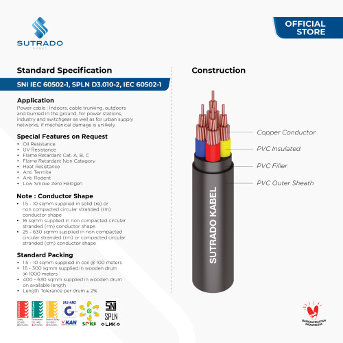 Kabel Listrik NYY Sutrado Kabel 4x2.5 Sqmm - 100 Meter