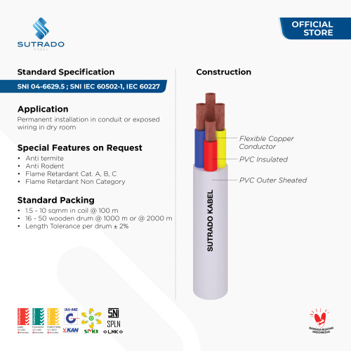 Kabel Listrik NYMHY Sutrado Kabel 4x6 Sqmm - 50 Meter