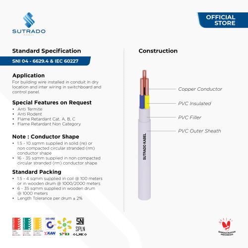 Kabel Listrik NYM Sutrado Kabel 4x10 Sqmm - 100 Meter