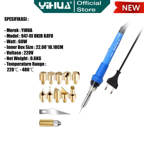 Yihua 947-III+ Solder Tangan Listrik Soldering Ukir Kayu Set Mata ORI