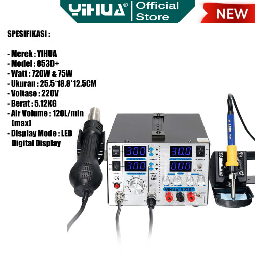 Yihua 853D+ Blower Solder Uap 3 IN 1 Soldering Station Power Supply 5A