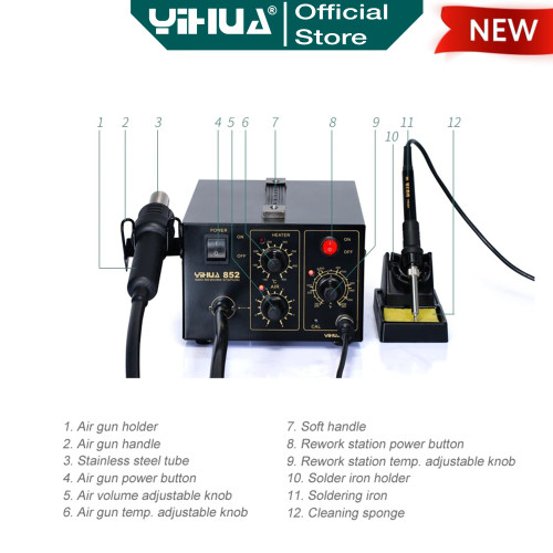 Yihua 852 Blower Solder Uap Analog 2 IN1 Soldering Station Hot Air ORI