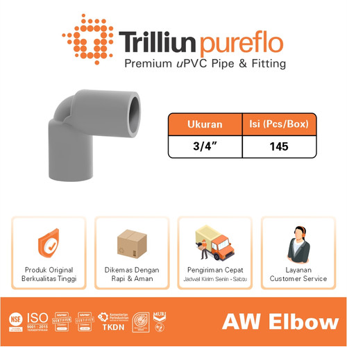 Fitting Pipa uPVC Trilliunpureflo AW Elbow 3/4" Inch