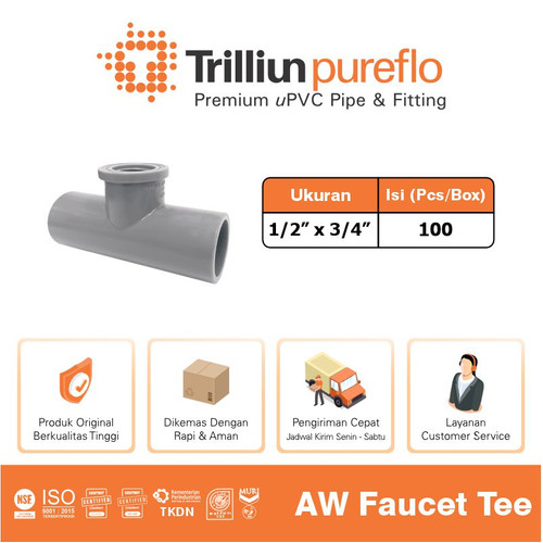 Fitting Pipa uPVC Trilliunpureflo AW Faucet Tee 1/2" x 3/4" Inch