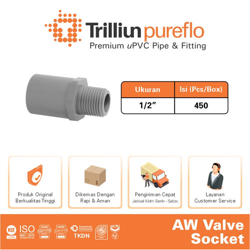 Fitting Pipa uPVC Trilliunpureflo AW Valve Socket 1/2" Inch