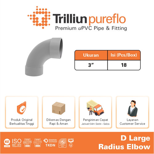 Fitting Pipa uPVC Trilliunpureflo D Large Radius Elbow 3" Inch