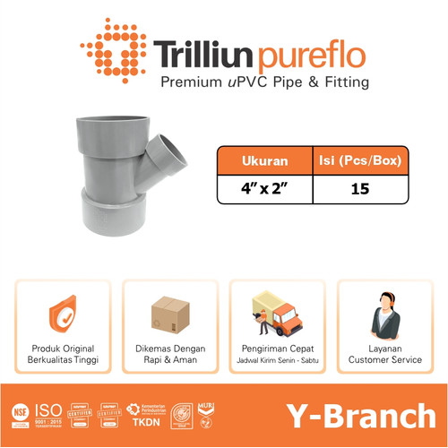 Fitting Pipa uPVC Trilliunpureflo D Y-Branch 4" x 2" Inch