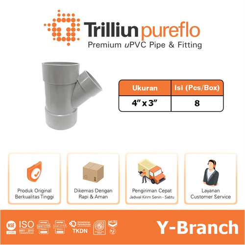 Fitting Pipa uPVC Trilliunpureflo D Y-Branch 4" x 3" Inch