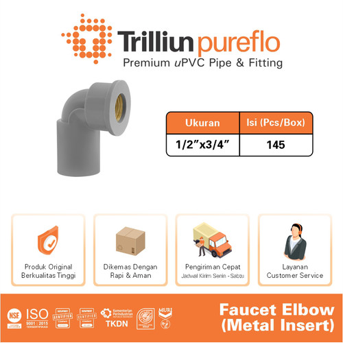 Fitting uPVC Trilliunpureflo Faucet Elbow Metal Insert 1/2"x 3/4" Inch