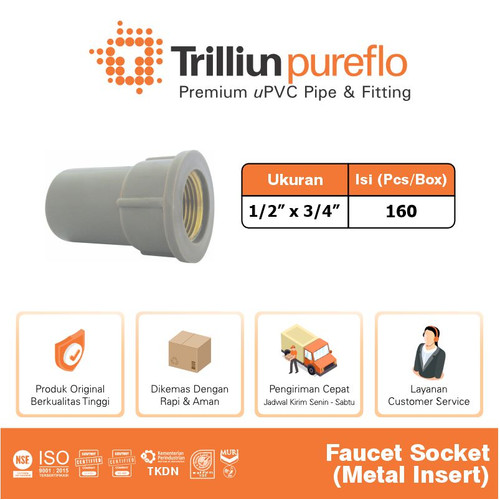 Fitting uPVC Trilliunpureflo Faucet Socket Metal Insert 1/2"x3/4" Inch