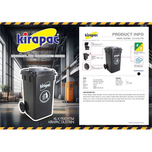 Kirapac KLX 9100 HTM Kotak Tempat Sampah 100 Liter Dengan Roda Dustbin - Hitam