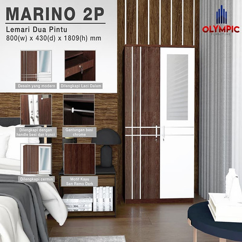 Olympic Lemari Pakaian / Baju 2 Pintu LP Marino 2P Cermin Modern Kayu