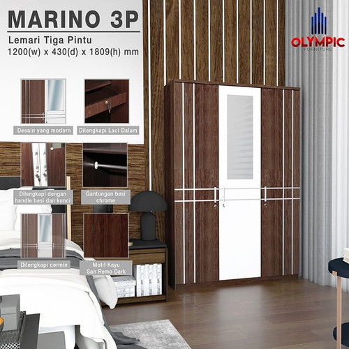 Olympic Lemari Pakaian / Baju 3 Pintu LP Marino 3P Cermin Modern Kayu