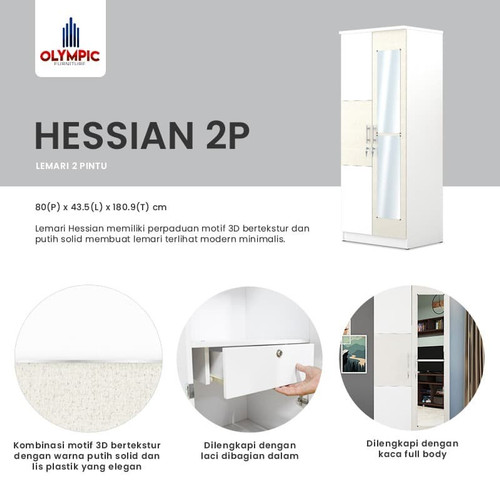 Olympic Lemari Pakaian / Baju 2 Pintu LP Hessian 2P Cermin Modern Kayu