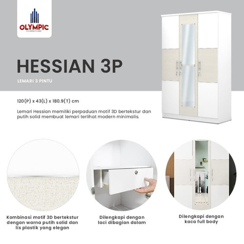 Olympic Lemari Pakaian / Baju 3 Pintu LP Hessian 3P Cermin Modern Kayu