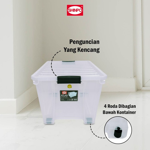 Shinpo 102 Atlas Container Box 100 Liter CB 100 Transparan Bening Kotak Penyimpanan Dengan Tutup Roda Plastik CB100 Storage Box Multifungsi