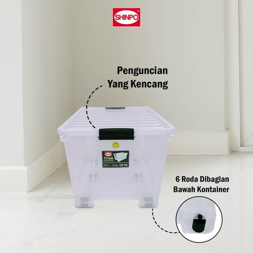 Shinpo 103 Titan Container Box 115 Liter CB 115 Transparan Bening Kotak Penyimpanan Dengan Tutup Roda Plastik CB115 Storage Box Multifungsi