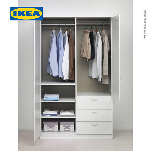 IKEA MUSKEN Lemari Pakaian 2 Pintu dan 3 Laci Putih 124x60x201 cm