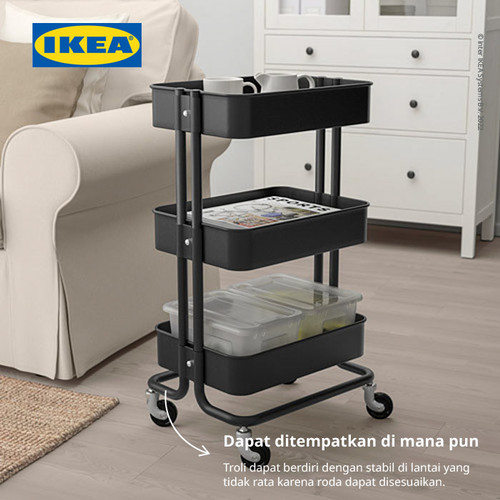 IKEA RASKOG Troli Dapur dengan 3 Rak Hitam Serbaguna 35x45x78 cm