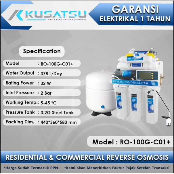 Kusatsu Reverse Osmosis RO-100G-C01+ Auto flush 378L