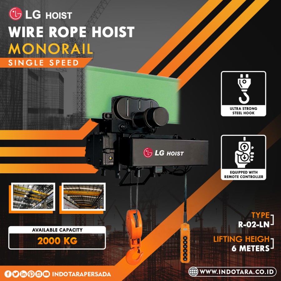 Electric Wire Rope Hoist LGM Monorail Single Speed 2T x 6m R-02-LN