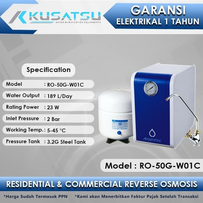 Kusatsu Reverse Osmosis RO-50G-W01C Auto Flush 189L