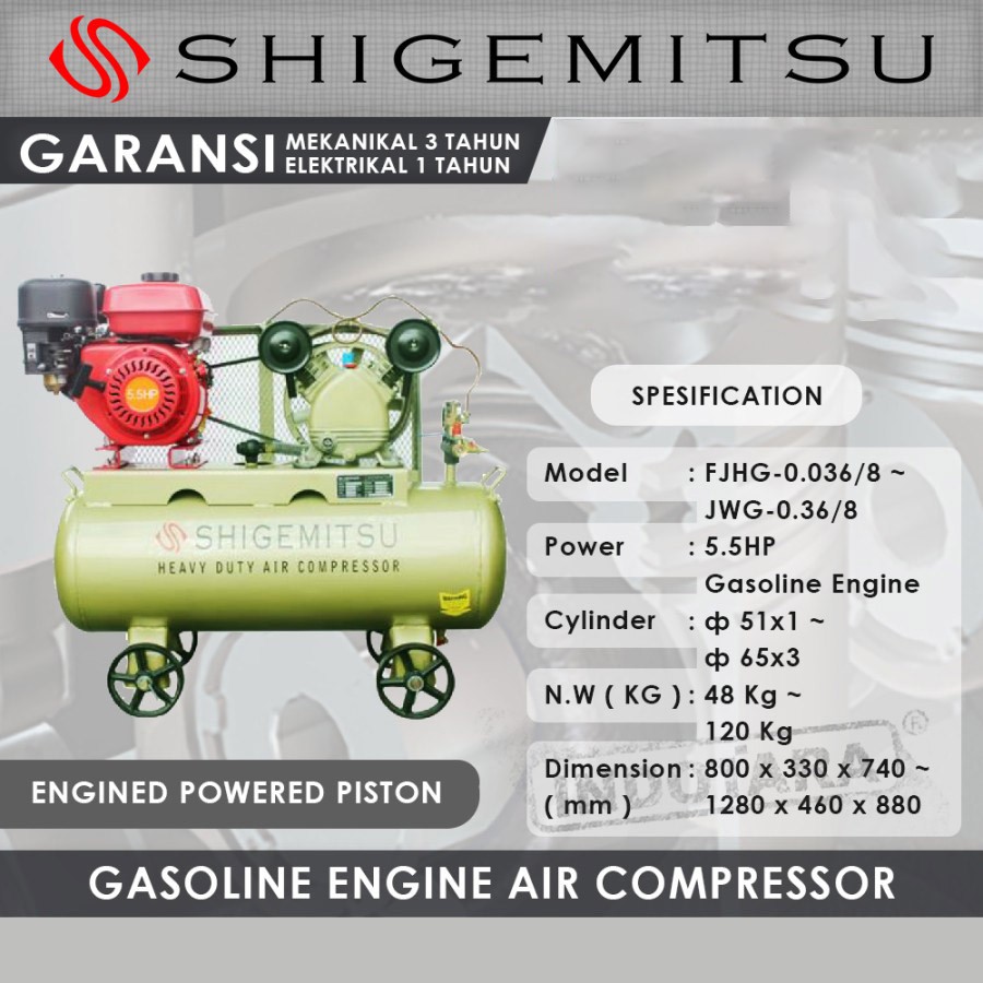 Kompresor Angin Bensin Shigemitsu JBG-0.17/8 1030RPM Cap.60L