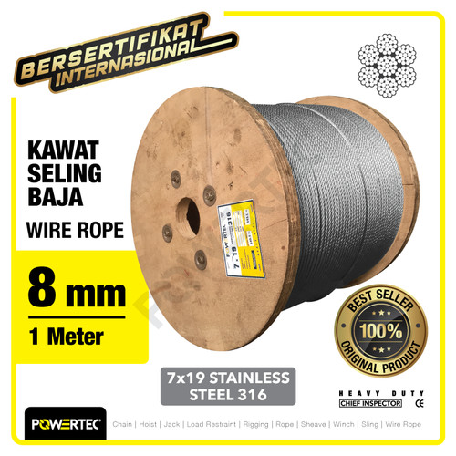 Wire Rope / Kawat Seling Baja 7x19 SS 316 8mm POWERTEC - 1 Meter