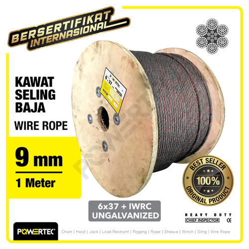 Wire Rope / Kawat Seling Baja 6x37 IWRC 9mm Ungalv POWERTEC - 1 Meter