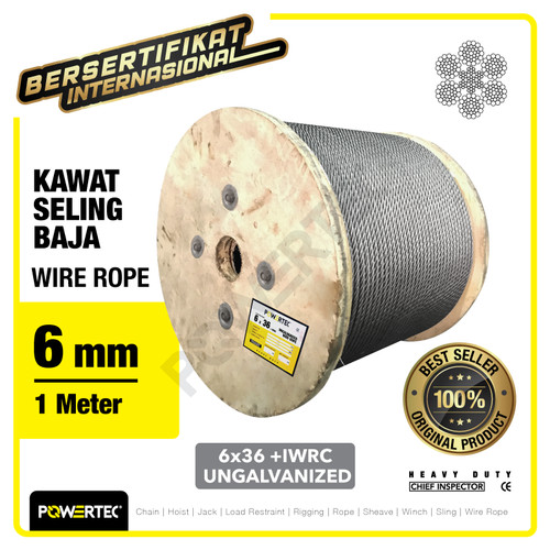 Wire Rope / Kawat Seling Baja 6x36 IWRC 6mm Ungalv POWERTEC - 1 Meter