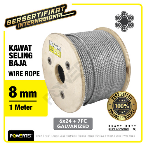 Wire Rope / Kawat Seling Baja 6x24 7FC 8mm Galv POWERTEC - 1 Meter