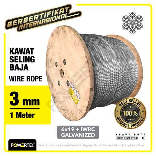 Wire Rope / Kawat Seling Baja 6x19 IWRC 3mm Galv POWERTEC - 1 Meter