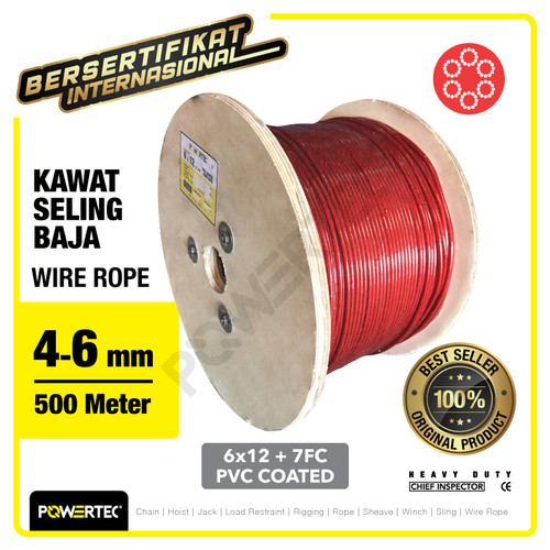 Wire Rope / Kawat Seling Baja 6x12 7FC PVC 4-6mm Merah POWERTEC - 500m