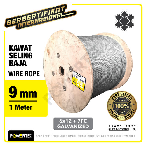 Wire Rope / Kawat Seling Baja 6x12 7FC 9mm Galv POWERTEC - 1 Meter