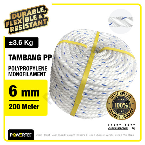 Tali Tambang PP 6mm x 200m Polypropylene PP Mono Rope POWERTEC