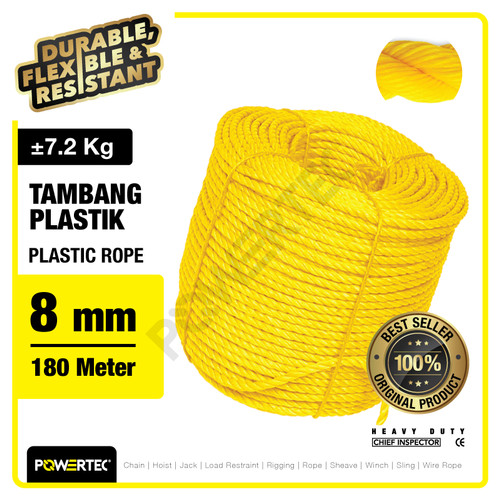 Tali Tambang Plastik 8mm x 180m Plastic Rope POWERTEC - Kuning