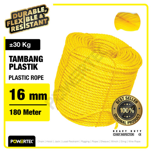 Tali Tambang Plastik 16mm x 180m Plastic Rope POWERTEC - Kuning