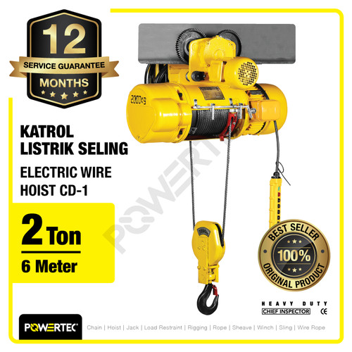 Electric Wire Rope Hoist 2 Ton x 6 Meter 3 Phase CD-1 POWERTEC