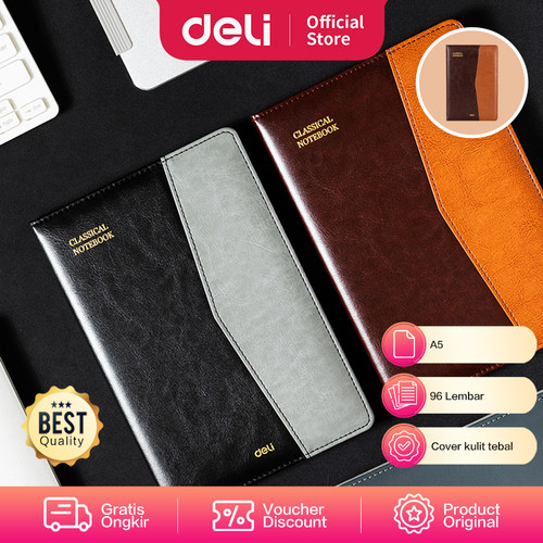 Deli Leather Cover Notebook Buku Catatan Agenda Hard Cover A5 EN134L