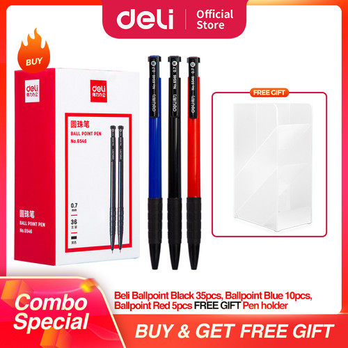 DELI Paket Hemat 10 - Ballpoin Pulpen Hitam,Biru,Merah & Tempat Pulpen