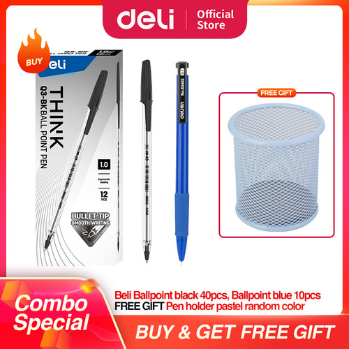 DELI Paket Hemat 3 - Ballpoin Pulpen Hitam,Biru 50pcs & Tempat Pulpen