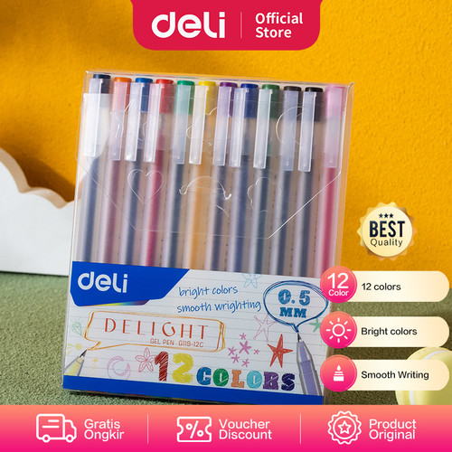 Deli School Gel Pen/Pulpen Gel 0.5mm 12Warna Penulisan Halus EG119-12C