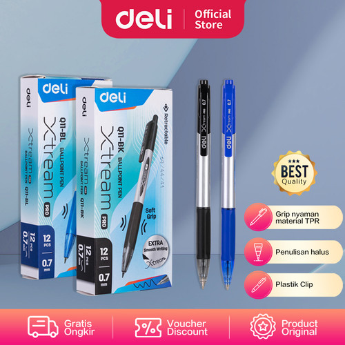 Deli Ballpoint Pen Pulpen 0.7mm Tinta Hitam & Biru Isi 12pcs/box EQ11