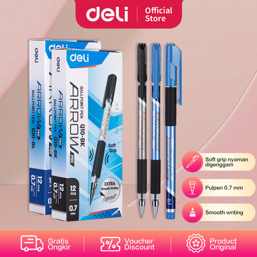 Deli Ballpoint Pen Pulpen 0.7mm Tinta Hitam & Biru Isi 12pcs/box EQ10